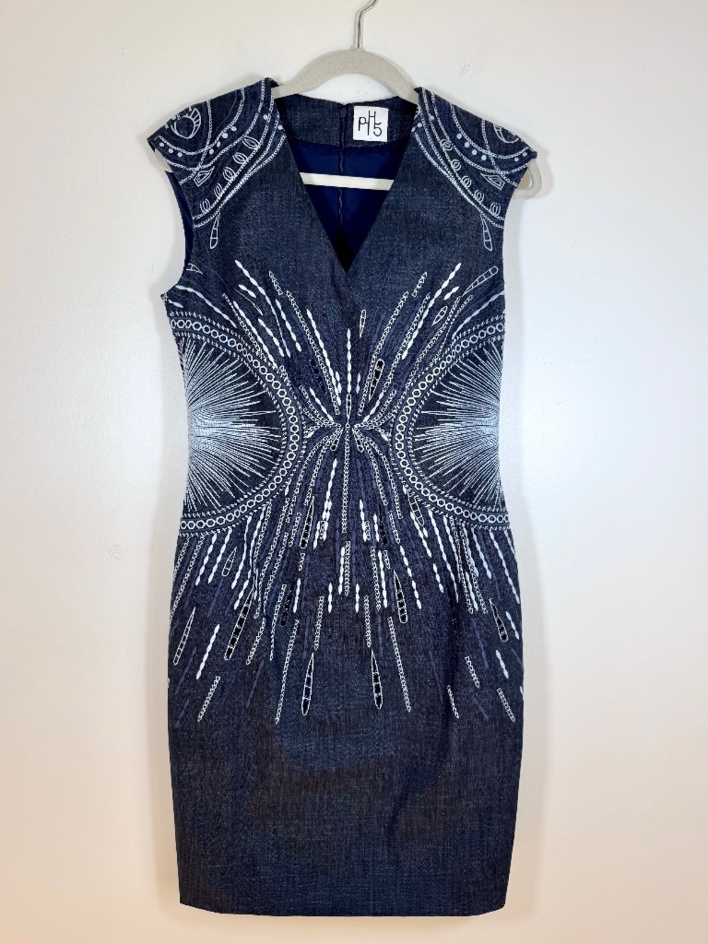 PH5 Navy Blue Laser Cut Embroidered Starburst Dress V-Neck Sheath Size 10